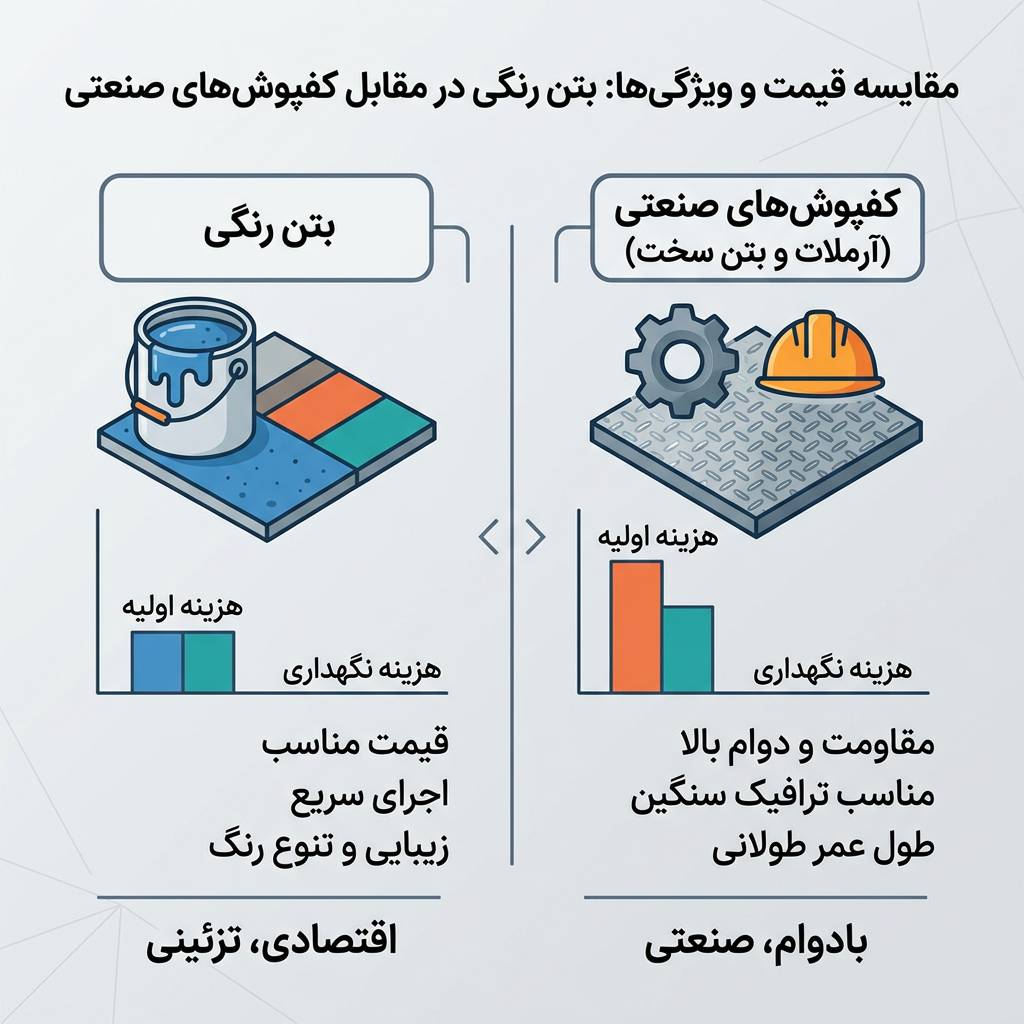 مقایسه قیمت بتن رنگی با آرملات و بتن سخت کدام کفپوش به‌صرفه‌تر است؟